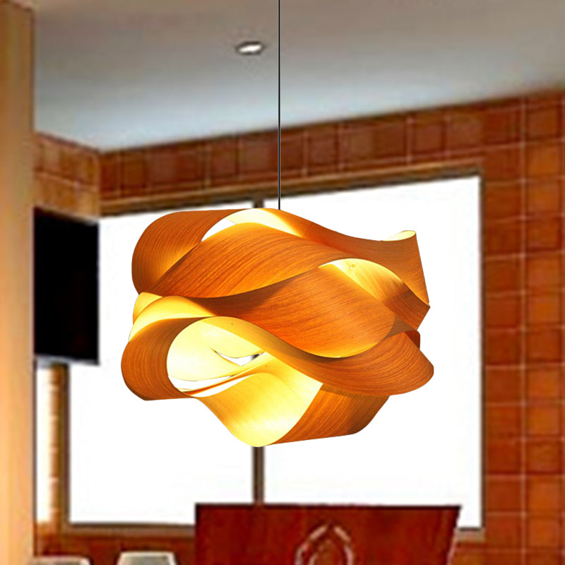 Chinese Wood Twist Hanging Light - 18/23.5 Wide Beige Suspended Lighting Fixture With 1 Bulb