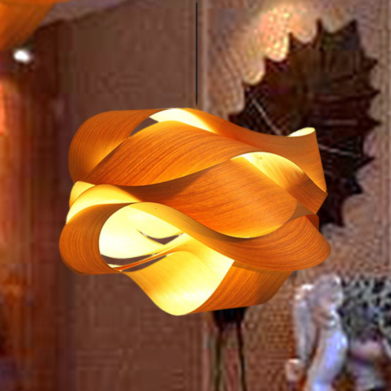 Chinese Wood Twist Hanging Light - 18/23.5 Wide Beige Suspended Lighting Fixture With 1 Bulb