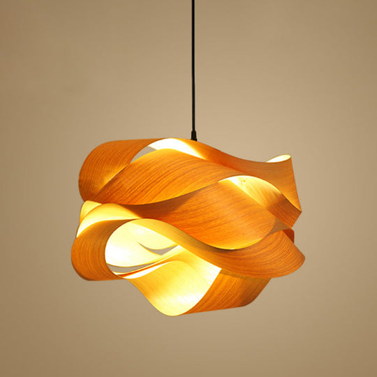 Chinese Wood Twist Hanging Light - 18/23.5 Wide Beige Suspended Lighting Fixture With 1 Bulb