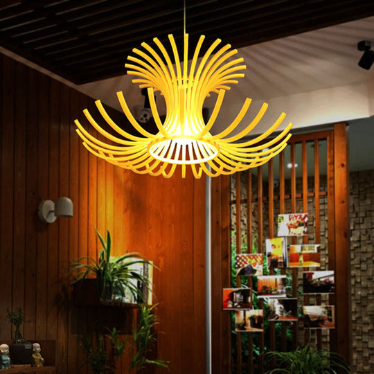 Japanese 1 Head Pendant Light With Bamboo Shade - Beige Flared Suspension Fixture