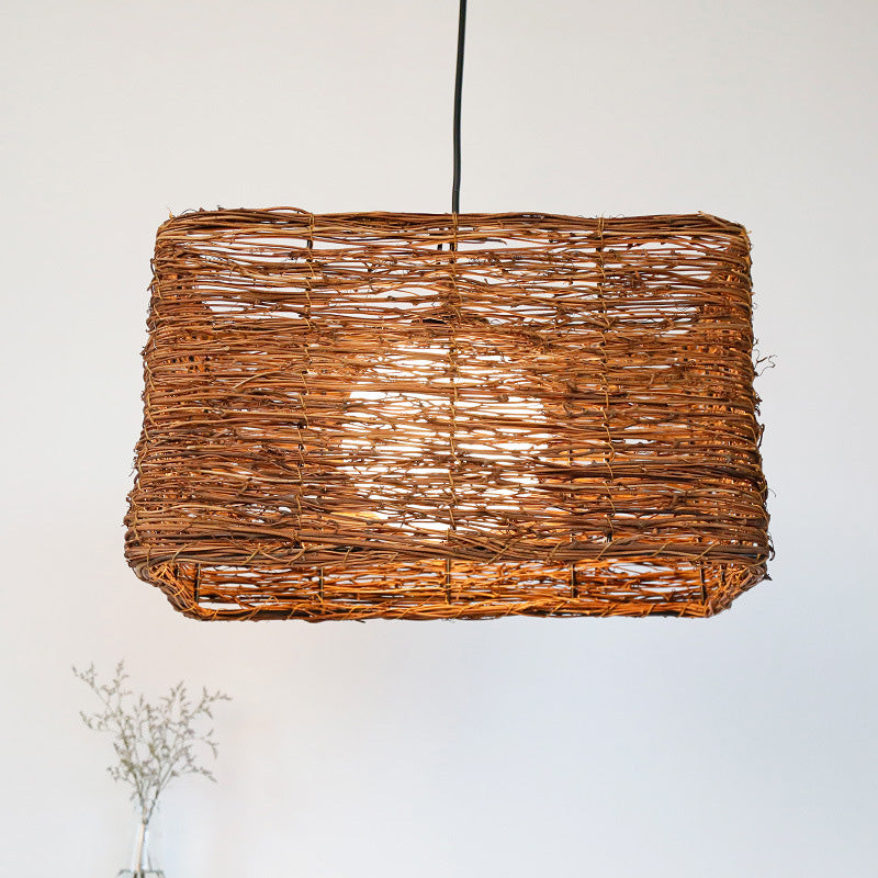 Chinese 1 Bulb Brown Hanging Lamp: Rectangle Pendant Light With Rattan Shade