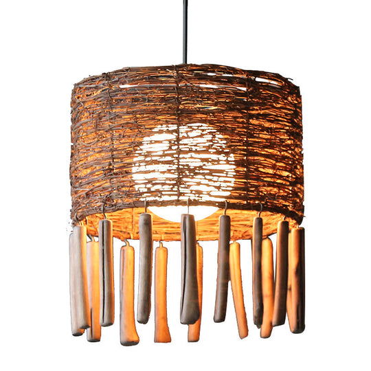 Rattan Drum Ceiling Lamp With Milky Globe Glass Shade