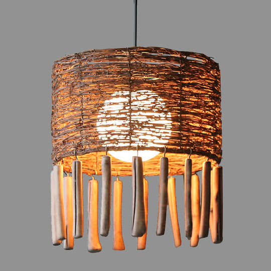 Rattan Drum Ceiling Lamp With Milky Globe Glass Shade