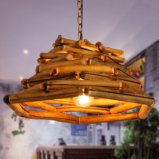 Japanese Brown Wood Shade Flared Pendant Light - Down Lighting 1 Head