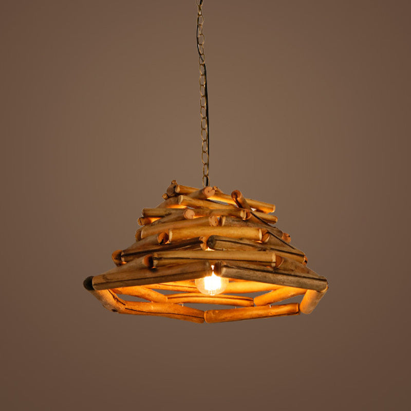 Japanese Brown Wood Shade Flared Pendant Light - Down Lighting 1 Head