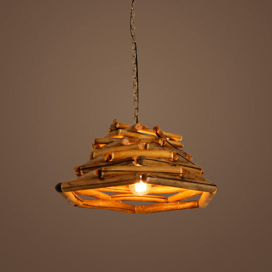 Japanese Brown Wood Shade Flared Pendant Light - Down Lighting 1 Head