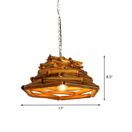Japanese Brown Wood Shade Flared Pendant Light - Down Lighting 1 Head