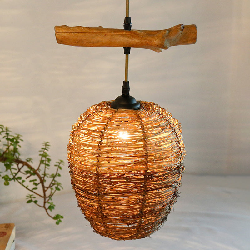 Asia Flaxen Pendant Lamp With Urn Rattan Shade - Stylish Hanging Ceiling Light For Restaurants