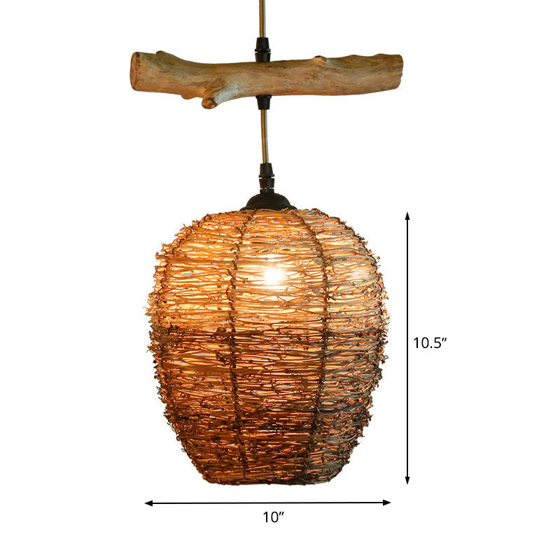Asia Flaxen Pendant Lamp With Urn Rattan Shade - Stylish Hanging Ceiling Light For Restaurants