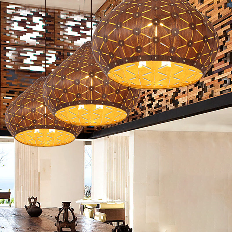 Teardrop Wood Shade Hanging Light Fixture For Bedroom With Asia Brown Down Lighting And 1 Bulb