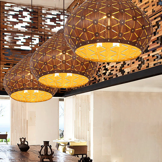 Teardrop Wood Shade Hanging Light Fixture For Bedroom With Asia Brown Down Lighting And 1 Bulb