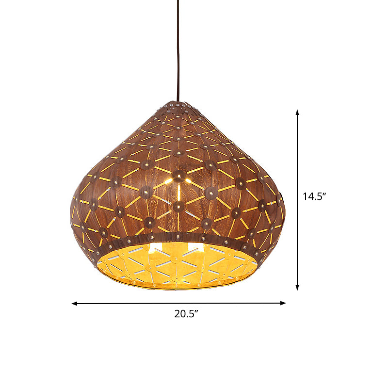Teardrop Wood Shade Hanging Light Fixture For Bedroom With Asia Brown Down Lighting And 1 Bulb