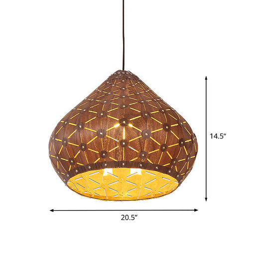 Teardrop Wood Shade Hanging Light Fixture For Bedroom With Asia Brown Down Lighting And 1 Bulb