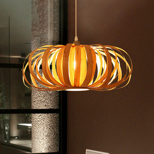 Chinese Style 1-Light Wood Pendant For Restaurants - Beige Pumpkin Hanging Fixture