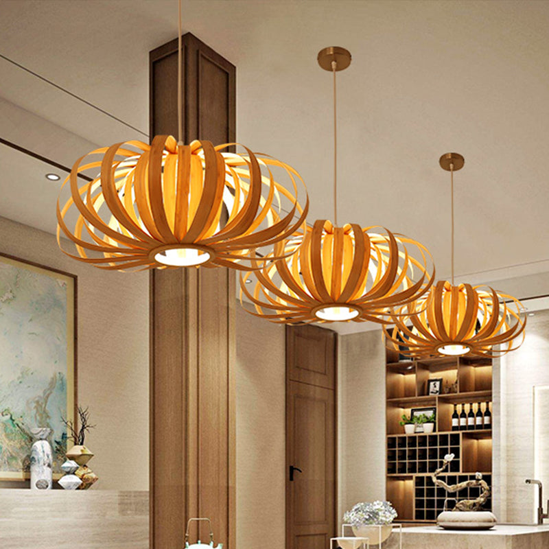 Chinese Style 1-Light Wood Pendant For Restaurants - Beige Pumpkin Hanging Fixture