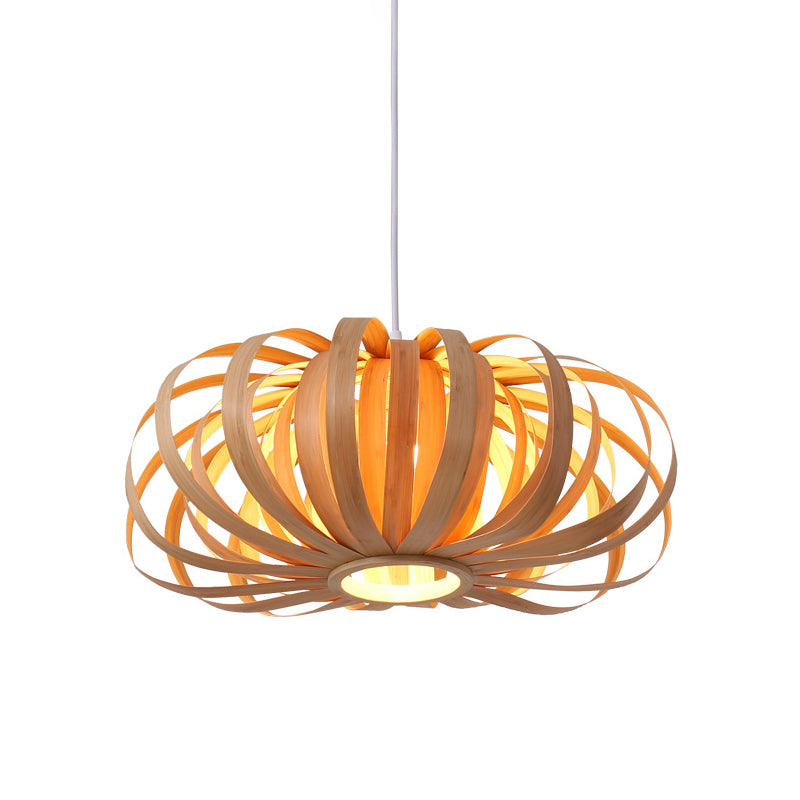 Chinese Style 1-Light Wood Pendant For Restaurants - Beige Pumpkin Hanging Fixture