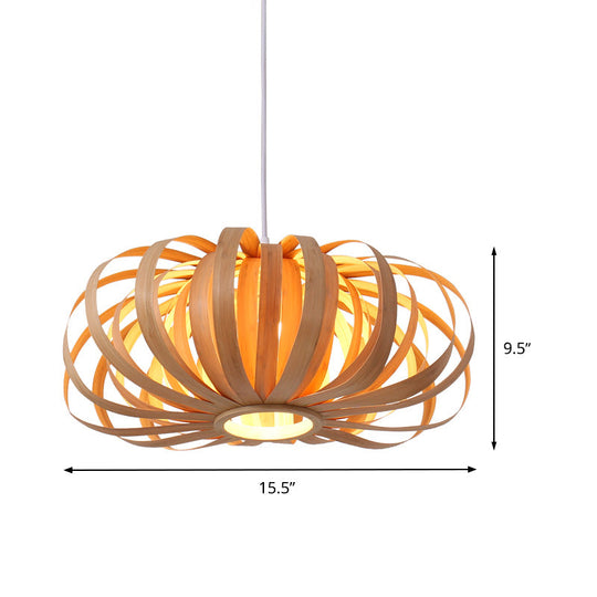 Chinese Style 1-Light Wood Pendant For Restaurants - Beige Pumpkin Hanging Fixture
