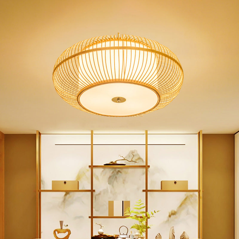 Asian Beige Ceiling Mounted Flush Light with Bamboo Shade - 1 Head Bedroom Fixture