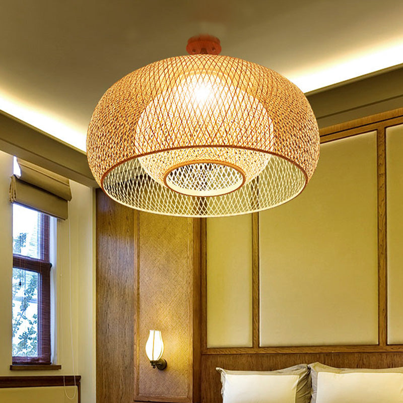Japanese Hand Woven Bamboo Semi-Flush Mount Ceiling Lamp - Wood Finish