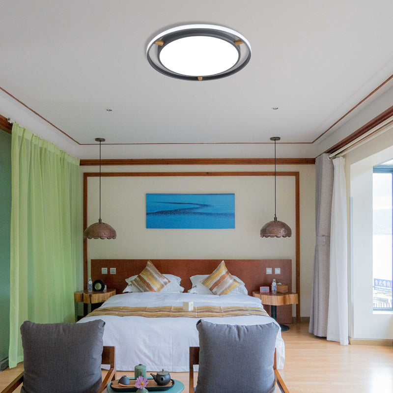 Nordic Dual Circle LED Ceiling Flush Light with Wood Arm - White/Green/Grey, Thin Flushmount Lighting - 16"/19.5"/23.5" W