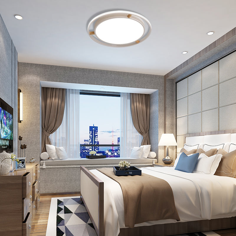 Nordic Dual Circle LED Ceiling Flush Light with Wood Arm - White/Green/Grey, Thin Flushmount Lighting - 16"/19.5"/23.5" W