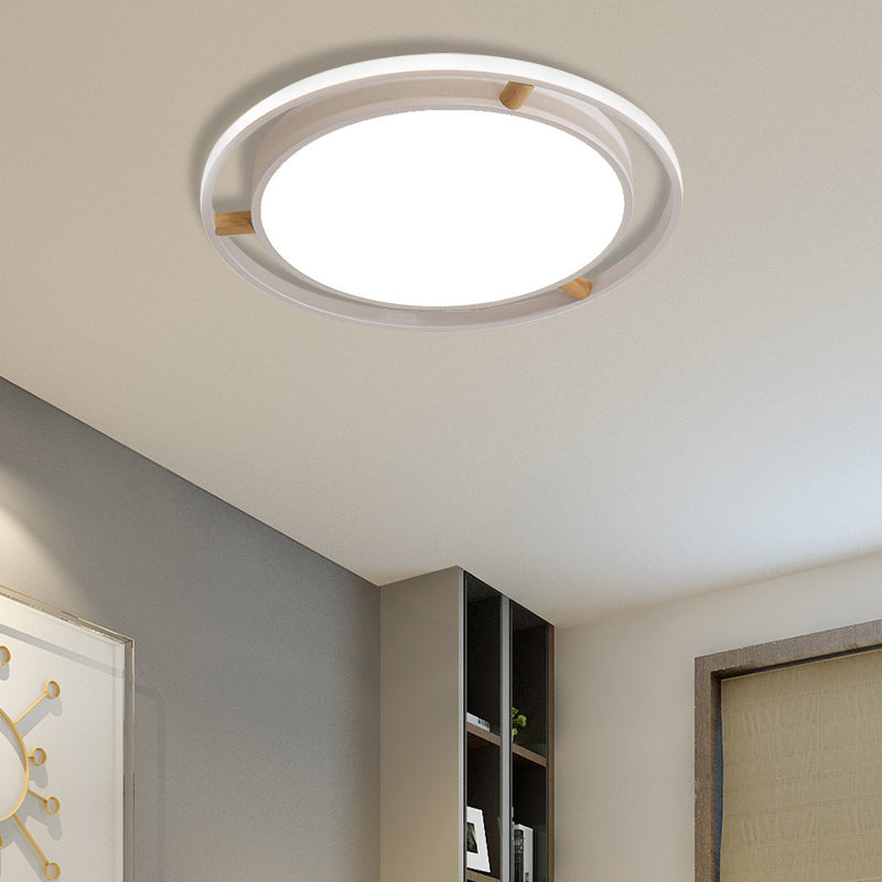 Nordic Dual Circle LED Ceiling Flush Light with Wood Arm - White/Green/Grey, Thin Flushmount Lighting - 16"/19.5"/23.5" W