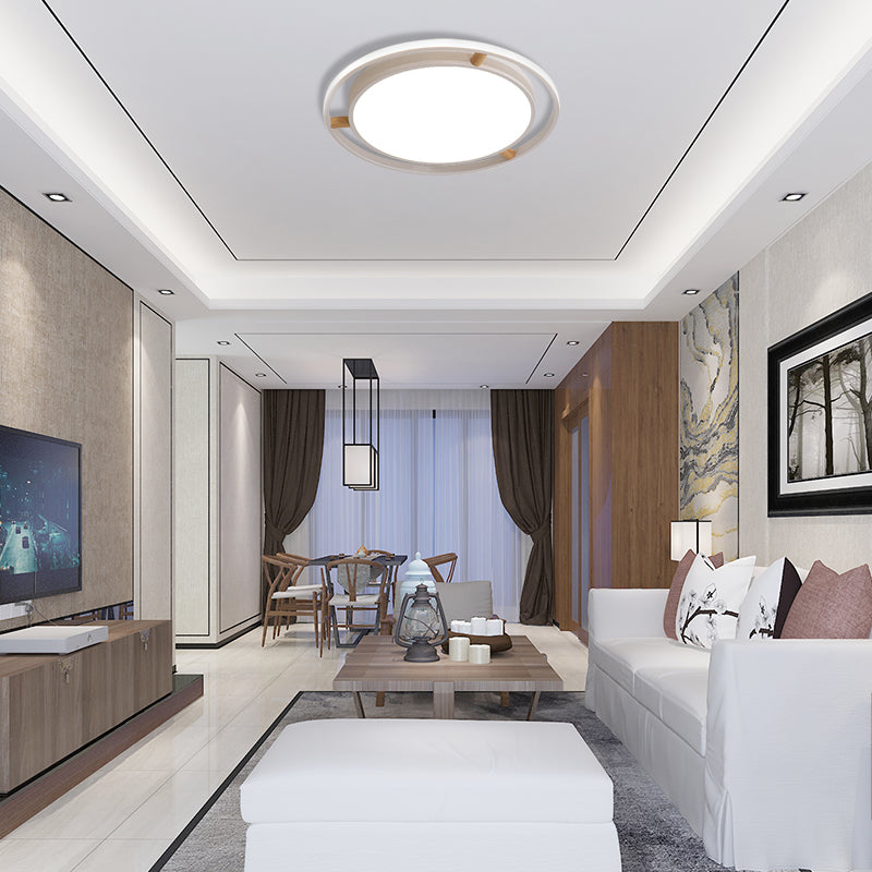 Nordic Dual Circle LED Ceiling Flush Light with Wood Arm - White/Green/Grey, Thin Flushmount Lighting - 16"/19.5"/23.5" W