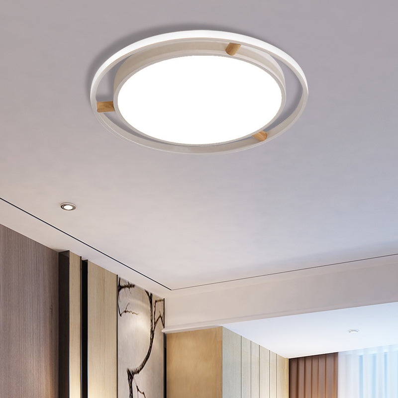 Nordic Dual Circle LED Ceiling Flush Light with Wood Arm - White/Green/Grey, Thin Flushmount Lighting - 16"/19.5"/23.5" W