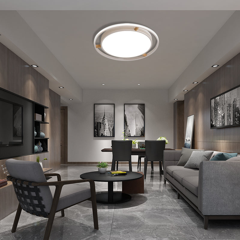 Nordic Dual Circle LED Ceiling Flush Light with Wood Arm - White/Green/Grey, Thin Flushmount Lighting - 16"/19.5"/23.5" W