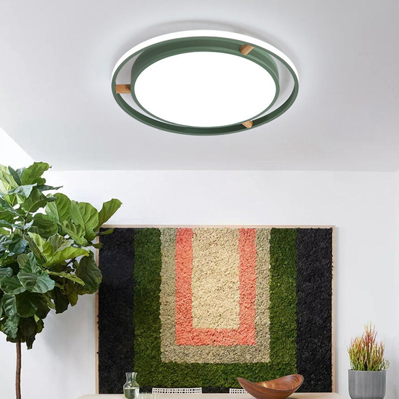 Nordic Dual Circle LED Ceiling Flush Light with Wood Arm - White/Green/Grey, Thin Flushmount Lighting - 16"/19.5"/23.5" W