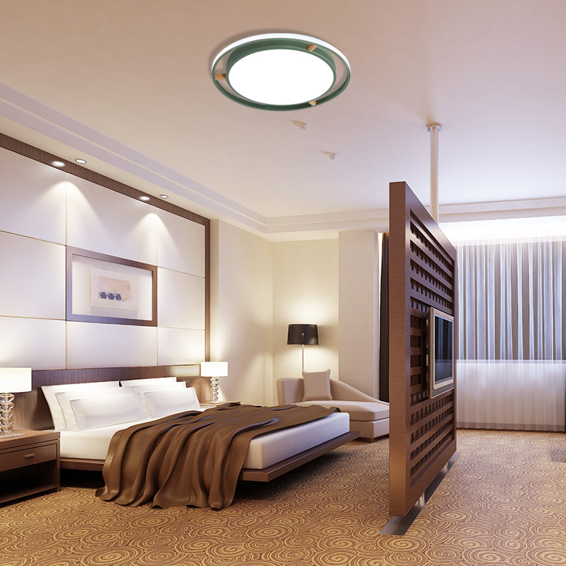 Nordic Dual Circle LED Ceiling Flush Light with Wood Arm - White/Green/Grey, Thin Flushmount Lighting - 16"/19.5"/23.5" W