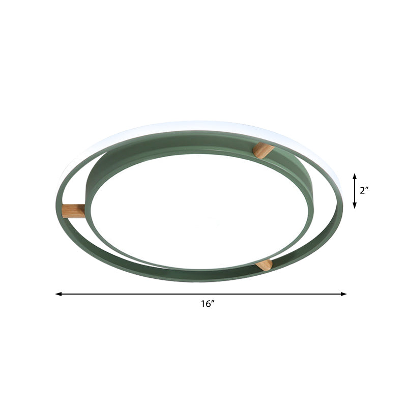 Nordic Dual Circle LED Ceiling Flush Light with Wood Arm - White/Green/Grey, Thin Flushmount Lighting - 16"/19.5"/23.5" W