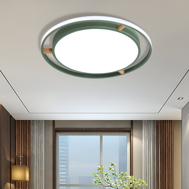 Nordic Dual Circle LED Ceiling Flush Light with Wood Arm - White/Green/Grey, Thin Flushmount Lighting - 16"/19.5"/23.5" W