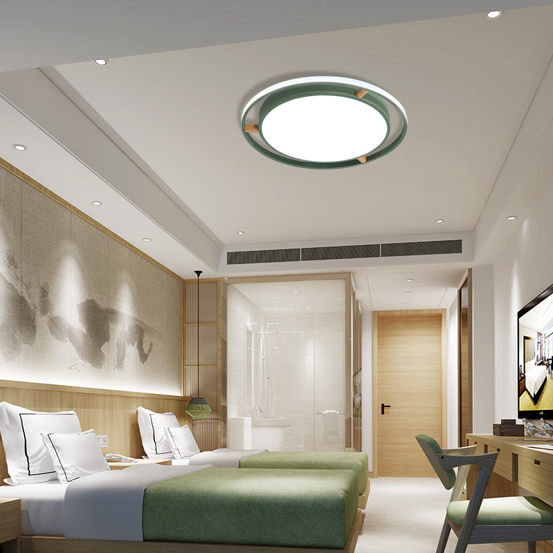 Nordic Dual Circle LED Ceiling Flush Light with Wood Arm - White/Green/Grey, Thin Flushmount Lighting - 16"/19.5"/23.5" W