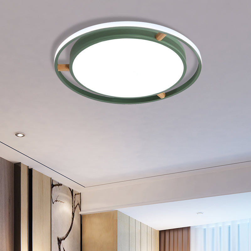 Nordic Dual Circle Led Ceiling Flush Light With Wood Arm - White/Green/Grey Thin Flushmount Lighting