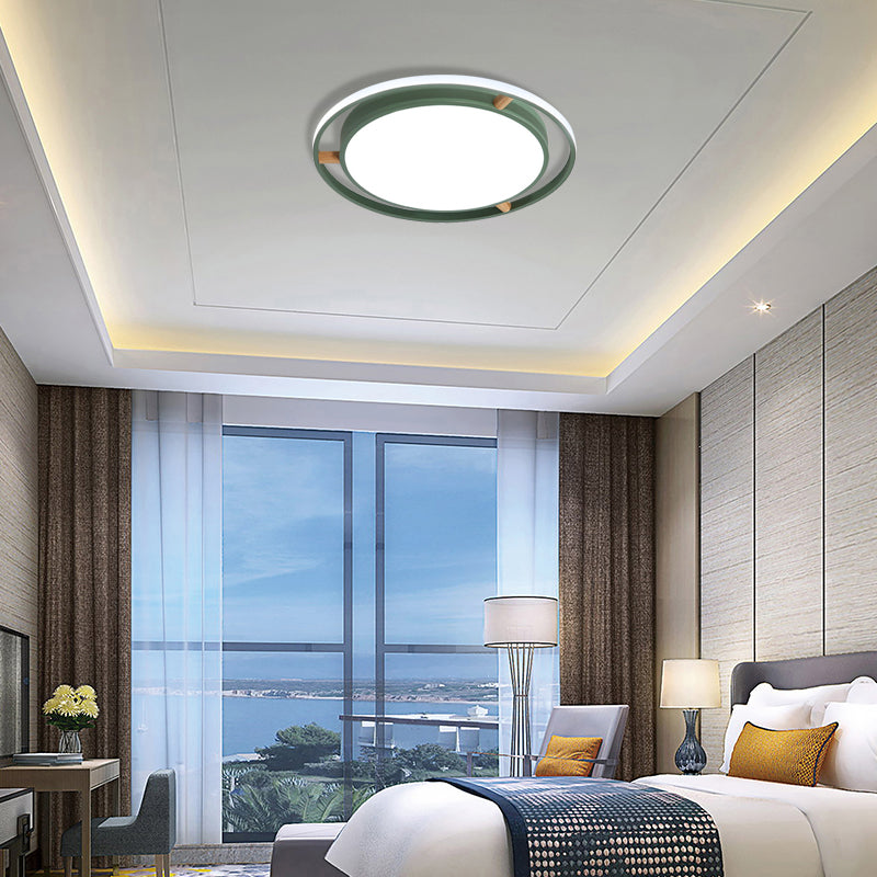 Nordic Dual Circle LED Ceiling Flush Light with Wood Arm - White/Green/Grey, Thin Flushmount Lighting - 16"/19.5"/23.5" W