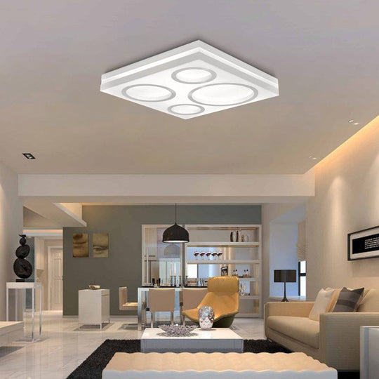 Modern Square LED Ceiling Light with Circular Pattern, Acrylic White Finish - Ideal for Living Room and Bedroom
