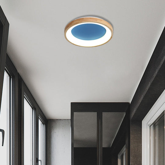 Nordic Style LED Flushmount Ceiling Light - Green/Blue, Wood Circular Design - 12"/16"/19.5" Width
