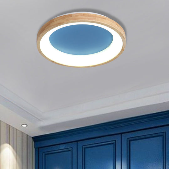 Nordic Style LED Flushmount Ceiling Light - Green/Blue, Wood Circular Design - 12"/16"/19.5" Width