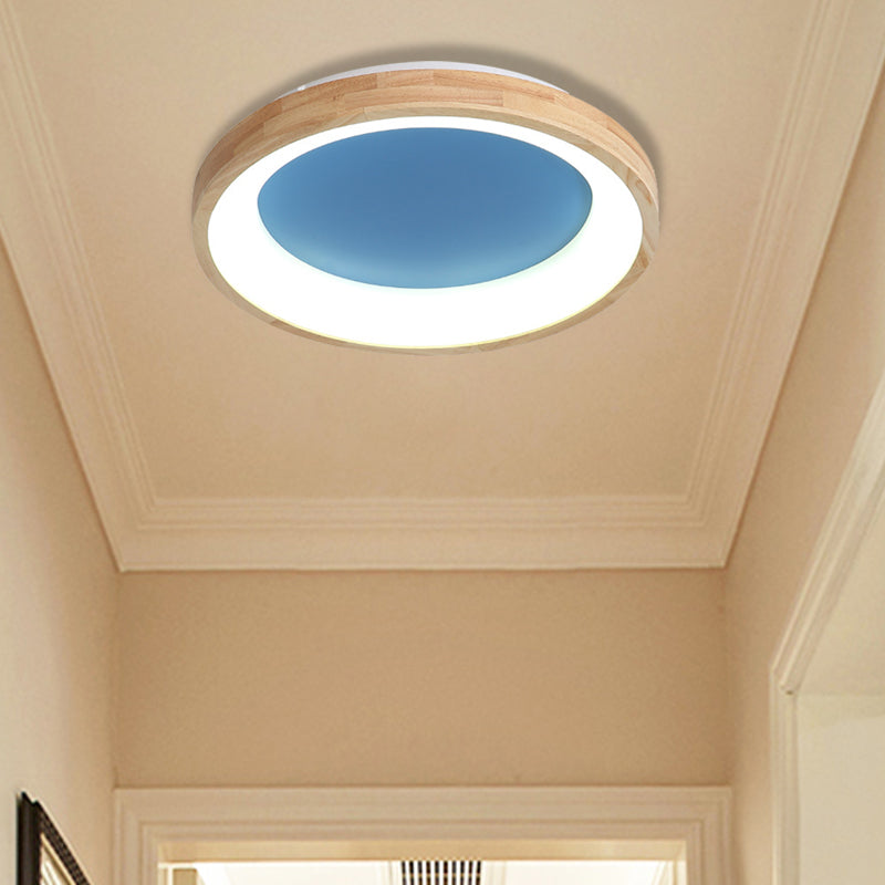 Nordic Style LED Flushmount Ceiling Light - Green/Blue, Wood Circular Design - 12"/16"/19.5" Width
