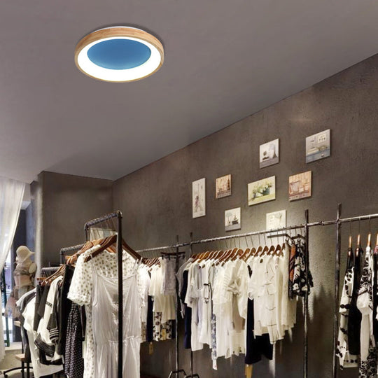 Nordic Style LED Flushmount Ceiling Light - Green/Blue, Wood Circular Design - 12"/16"/19.5" Width