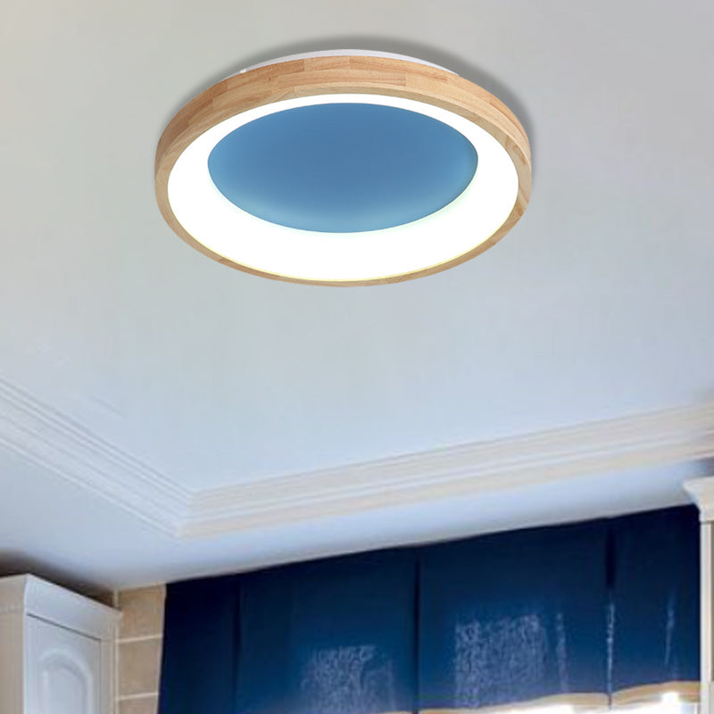 Nordic Style LED Flushmount Ceiling Light - Green/Blue, Wood Circular Design - 12"/16"/19.5" Width