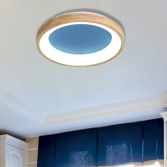 Nordic Style LED Flushmount Ceiling Light - Green/Blue, Wood Circular Design - 12"/16"/19.5" Width