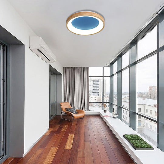 Nordic Style LED Flushmount Ceiling Light - Green/Blue, Wood Circular Design - 12"/16"/19.5" Width