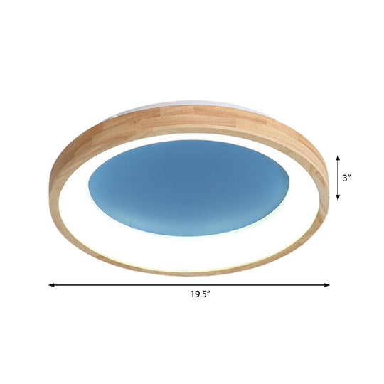 Nordic Style LED Flushmount Ceiling Light - Green/Blue, Wood Circular Design - 12"/16"/19.5" Width