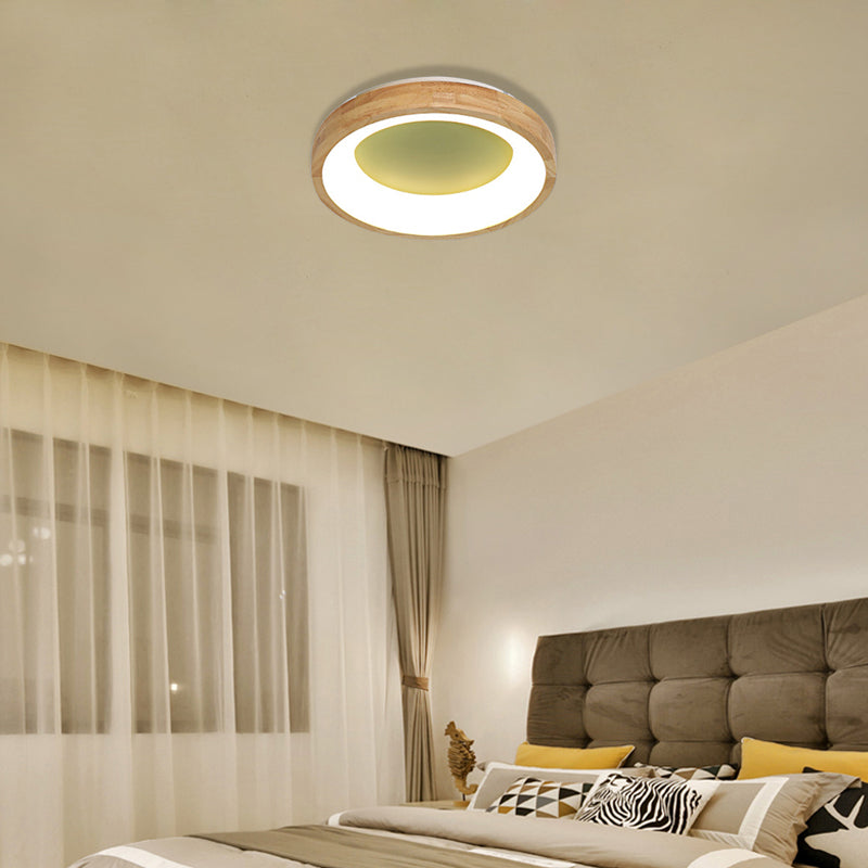 Nordic Style LED Flushmount Ceiling Light - Green/Blue, Wood Circular Design - 12"/16"/19.5" Width