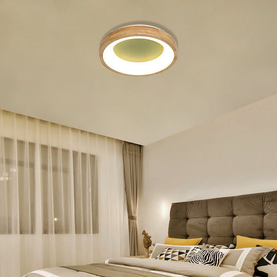 Nordic Style LED Flushmount Ceiling Light - Green/Blue, Wood Circular Design - 12"/16"/19.5" Width