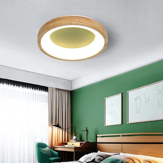 Nordic Style LED Flushmount Ceiling Light - Green/Blue, Wood Circular Design - 12"/16"/19.5" Width