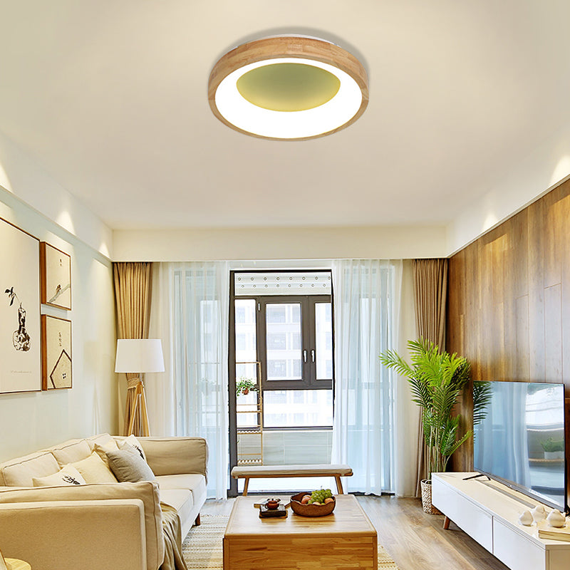 Nordic Style LED Flushmount Ceiling Light - Green/Blue, Wood Circular Design - 12"/16"/19.5" Width