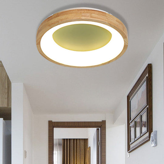Nordic Style LED Flushmount Ceiling Light - Green/Blue, Wood Circular Design - 12"/16"/19.5" Width